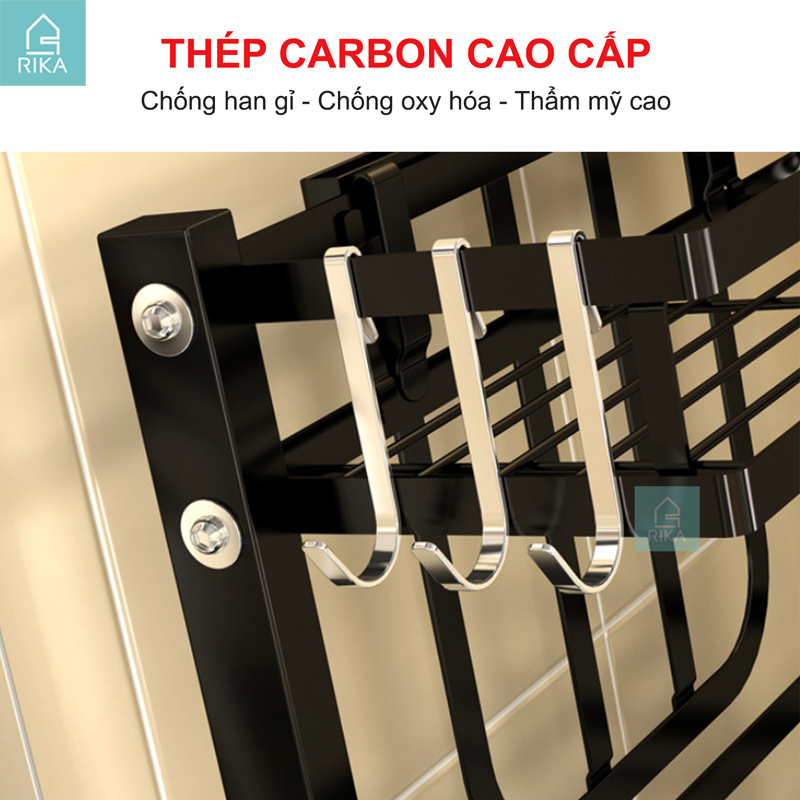 Kệ gia vị đa năng đăng thông minh nhà bếp RIKA KDN-05 thép carbon sơn đen tích điện 2 tầng 3 tầng kèm ống để giao thớt ống đũa