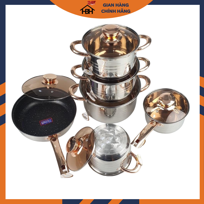 Set Bộ nồi Đức 5 đáy gồm 6 món lắp hợp kim vàng dùng cho mọi loại bếp điện, bếp từ, bếp ga