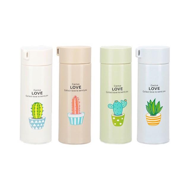 Bình nước in hình xương rồng 450ml lõi thủy tinh bọc vỏ nhựa lúa mạch có dây sách Duonghieu6789