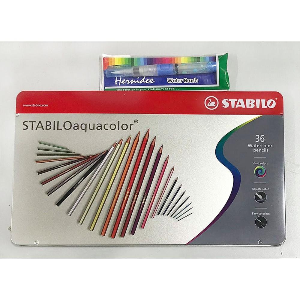 Bộ 1 hộp Chì màu nước STABILOaquacolor hộp sắt 36 màu + 1 Cây bút cọ nước HDWB103 (CLW1636M+)