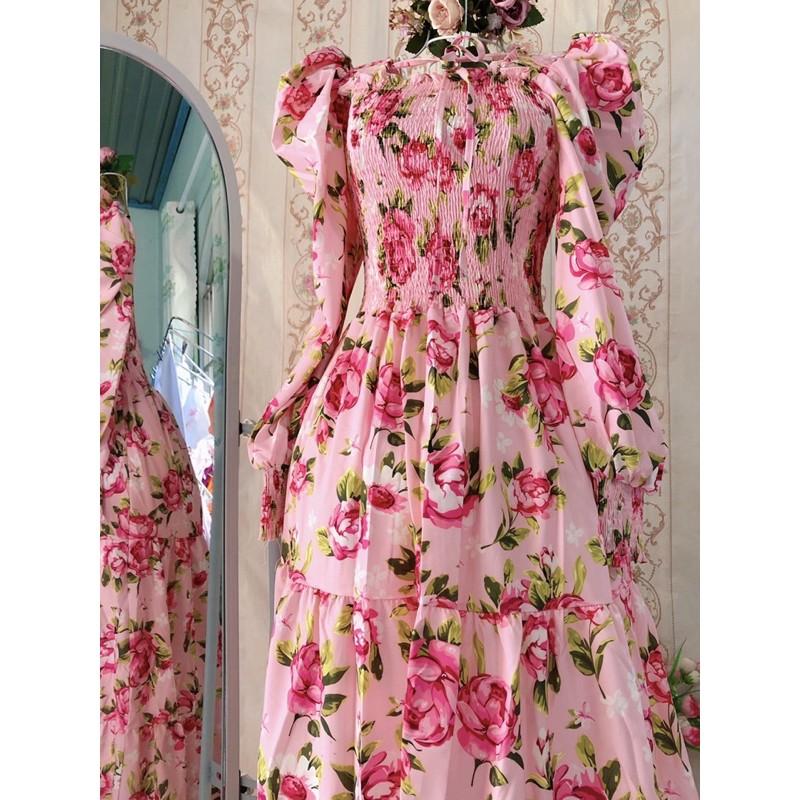 ĐẦM MAXI TAY PHỒNG HOA HỒNG SANG CHẢNH