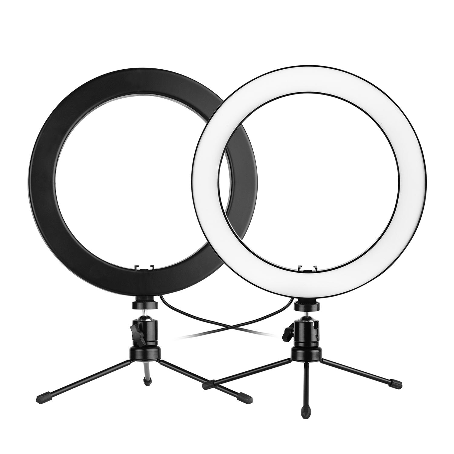 Đèn LED vòng 10 inch Chụp ảnh Đèn chiếu sáng 3 chế độ USB có thể điều chỉnh độ sáng Được hỗ trợ với giá ba chân máy tính để bàn mini để phát trực tiếp