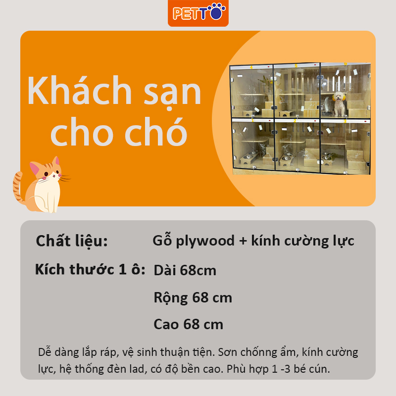 Nhà cho chó bằng GỖ khách sạn chó 6 phòng đầy đủ tiện nghi kết hợp ĐÈN LED hiện đại sản xuất tận xưởng HTD02