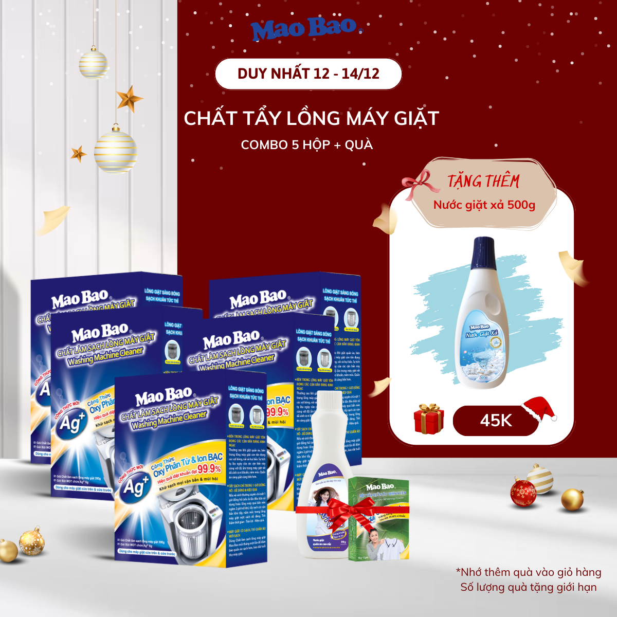 Combo 05 Hộp Chất Làm Sạch Lồng Máy Giặt Mao Bao - Tặng 1 Hộp Bột Tẩy Quần Áo 12gx2 + 1 Chai Nước Giặt Cao Cấp 86g