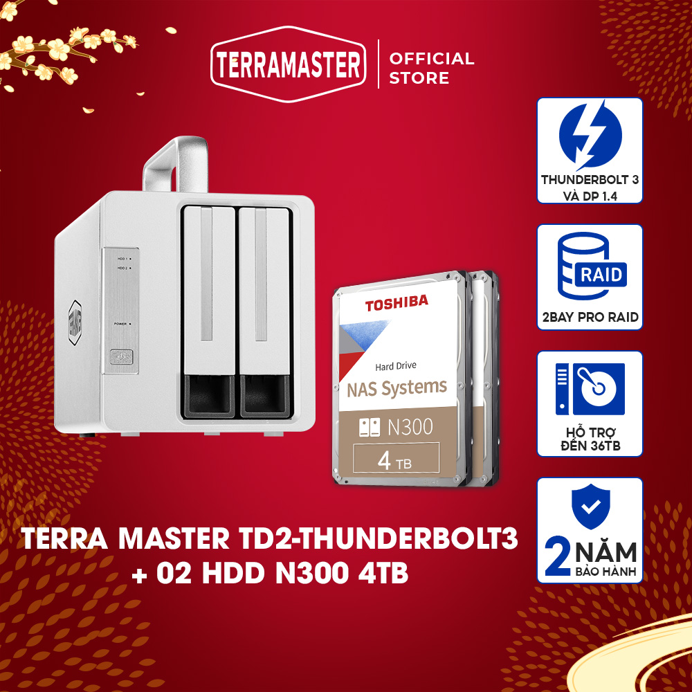 Bộ Thiết bị lưu trữ DAS TerraMaster TD2 Thunderbolt 3+NAS N300 Hàng chính hãng