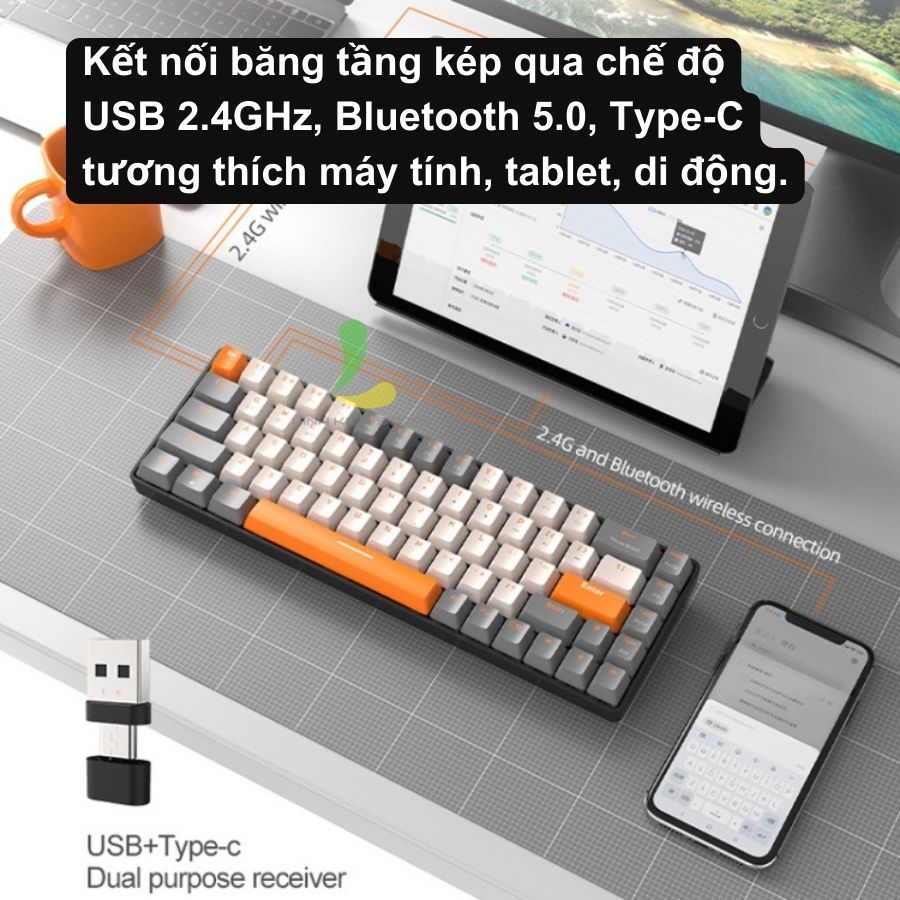 Bàn phím cơ ZIYOULANG K68 cao cấp - Phím cơ gaming 68 phím trục cơ kết nối bluetooth và USB, tuổi thọ 50 triệu lần bấm - Hàng nhập khẩu