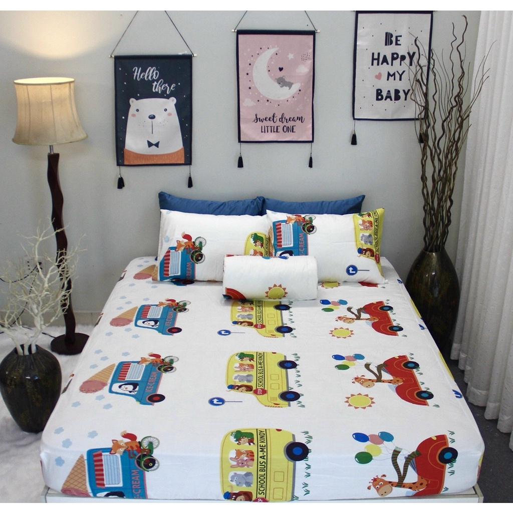 Bộ chăn drap gối satin Hàn Quốc hoạ tiết