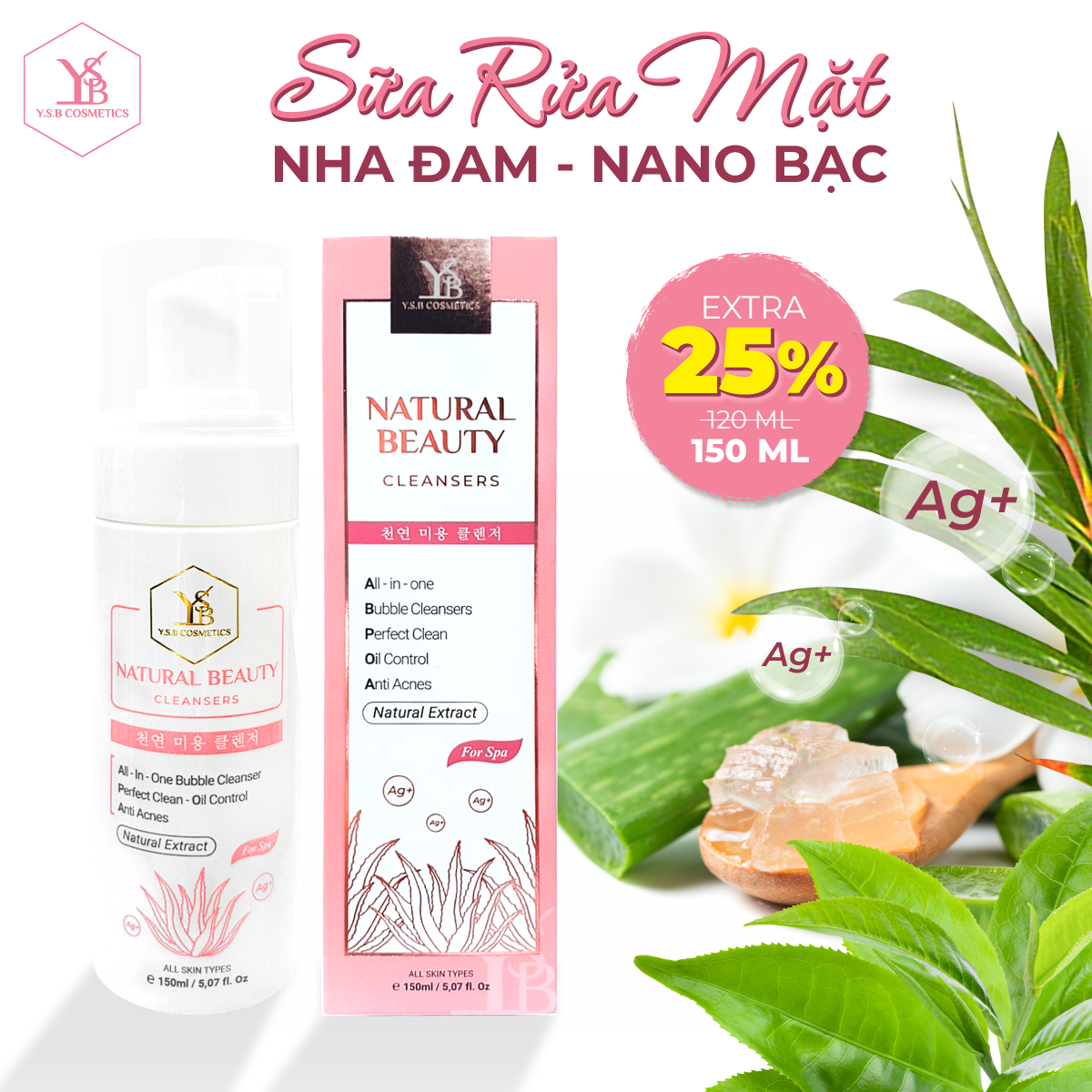 Sữa rửa mặt Nha Đam Nano Bạc NATURAL BEAUTY CLEANSERS