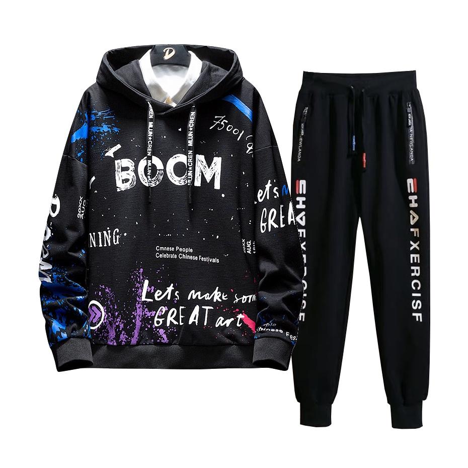 Set Bộ 2 Món Quần Dài + Áo Hoodie Nón Nam Chất Vải Nỉ (2 Dọc Chữ + Boom), SET ĐỒ THỂ THAO NAM NỮ ULZZANG MÙA THU ĐÔNG - BỘ ĐỒ NỈ THỂ THAO SỌC UNISEX, Set bộ Nỉ Bông Unisex Đồ bộ thun dày form rộng oversize