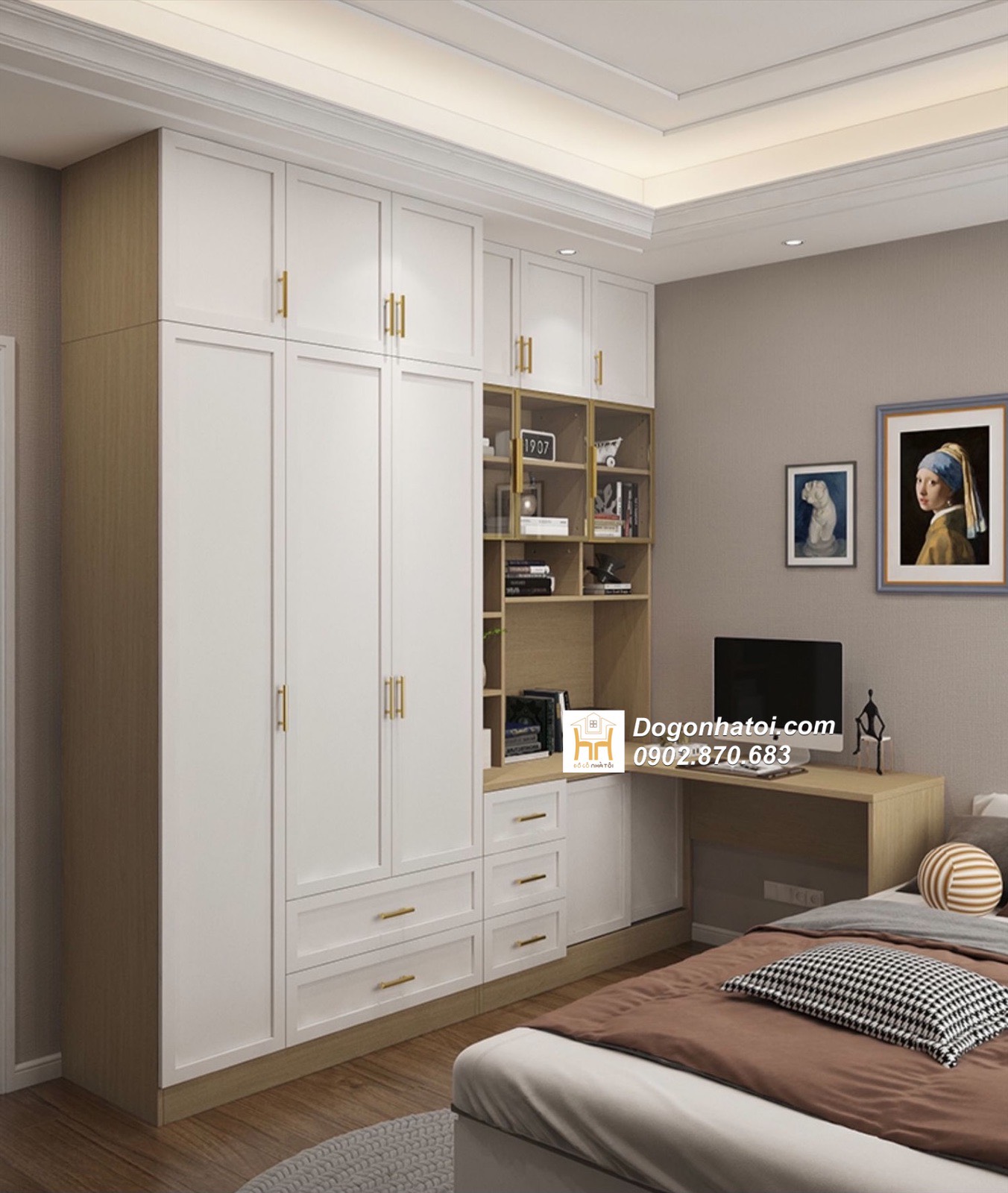 Bàn làm việc kết hợp tủ quần áo phong cách tân cổ điển 2m4 x 2m4 - TA214