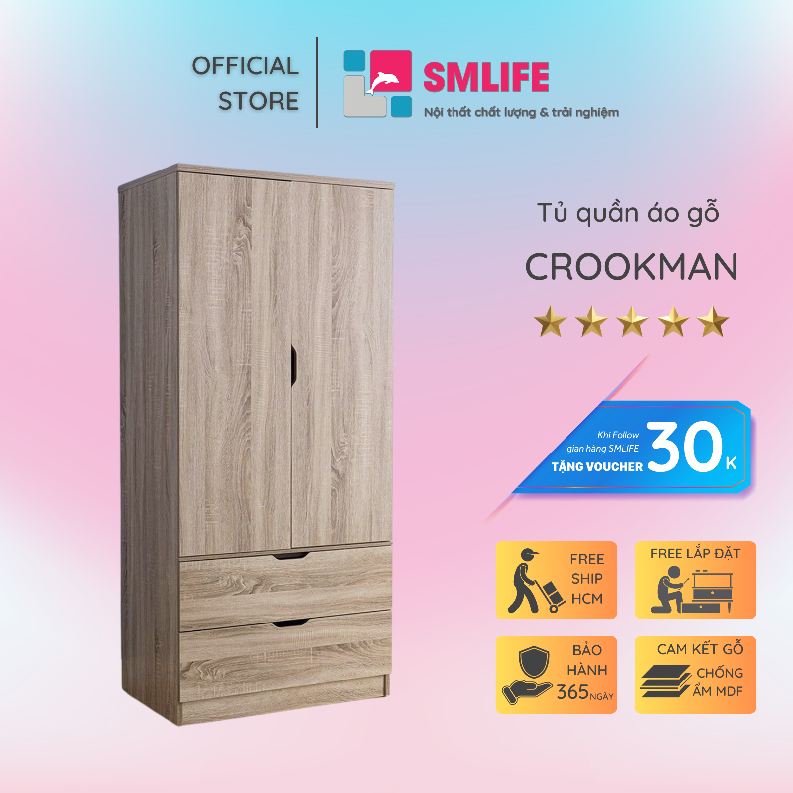 Tủ quần áo gỗ hiện đại SMLIFE Crookman | Gỗ MDF dày 17mm chống ẩm | D80xR50xC180cm