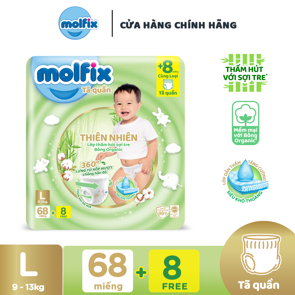 Tã/bỉm quần Molfix Thiên nhiên Ultra L (9kg - 13kg) - Gói 68+8 miếng