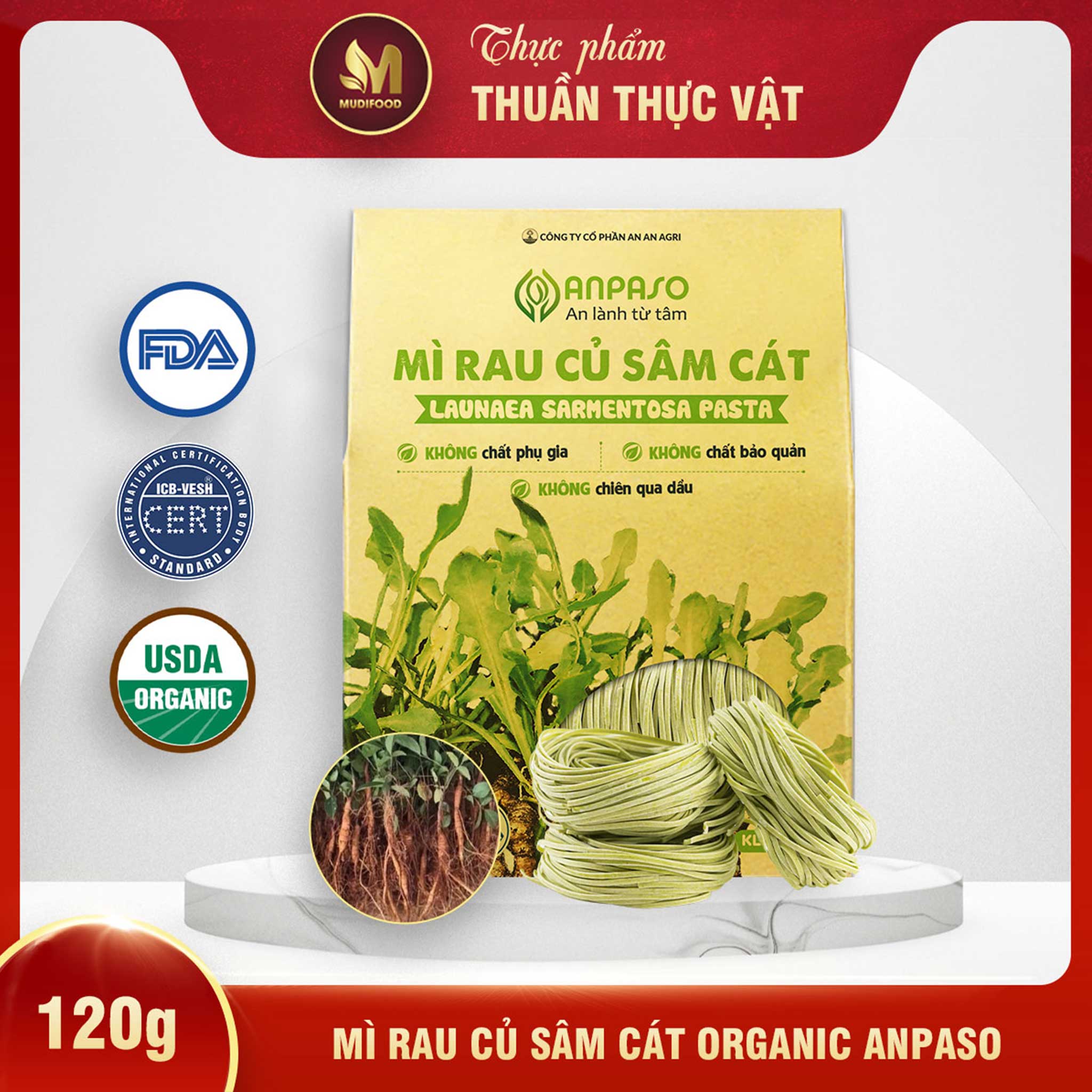 Mì Rau Củ Sâm Cát Organic Anpaso 120g/ 300g - Cung Cấp Nhiều Vitamin, Giàu Sắt, Protein Thực Vật, Chất Xơ, Tốt Cho Sức Khỏe, Tăng Cường Hệ Miễn Dịch, Hỗ Trợ Tiêu Hóa - Người Tập Gym và Yoga, Ăn Kiêng, Ăn Chay, Giảm Cân, Eat Clean