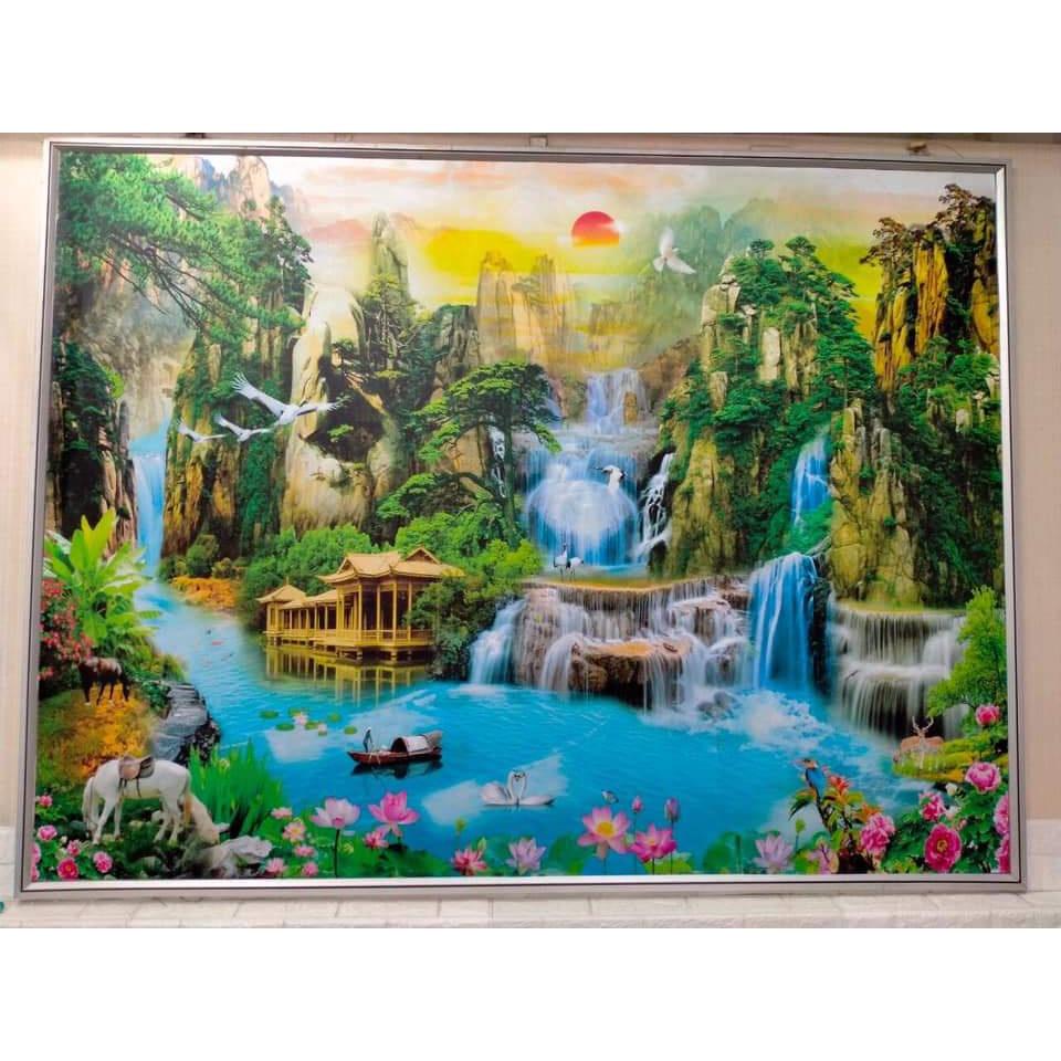 Tranh dán tường 3d phong cảnh Sơn Thuỷ Hữu Tình- Chất liệu vải lụa cao cấp- Tặng kèo keo dán