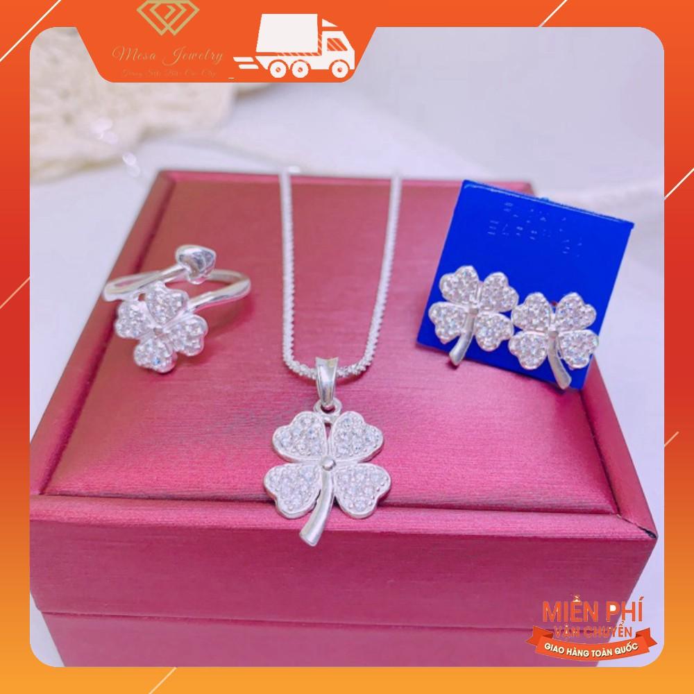 BỘ TRANG SỨC CỎ 4 LÁ BẠC TA GỒM DÂY CHUYỀN NHẪN BÔNG TAI