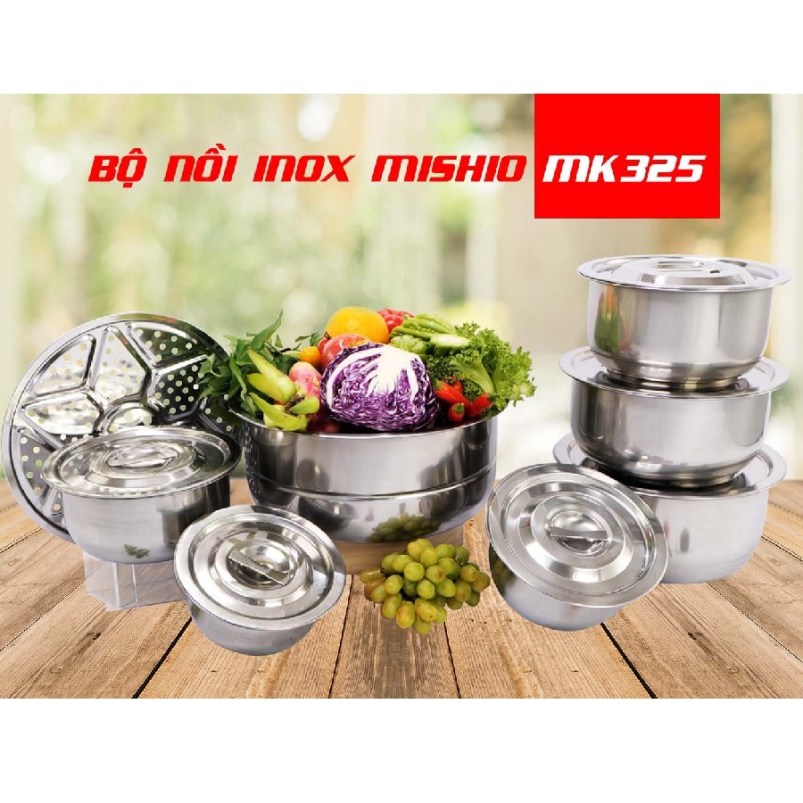 Bộ 07 Nồi Inox Đa Năng Mishio MK 325 (Inox 410) Gồm 7 Nồi + Kèm 01 Xửng Hấp - Sử Dụng Cho Mọi Loại Bếp