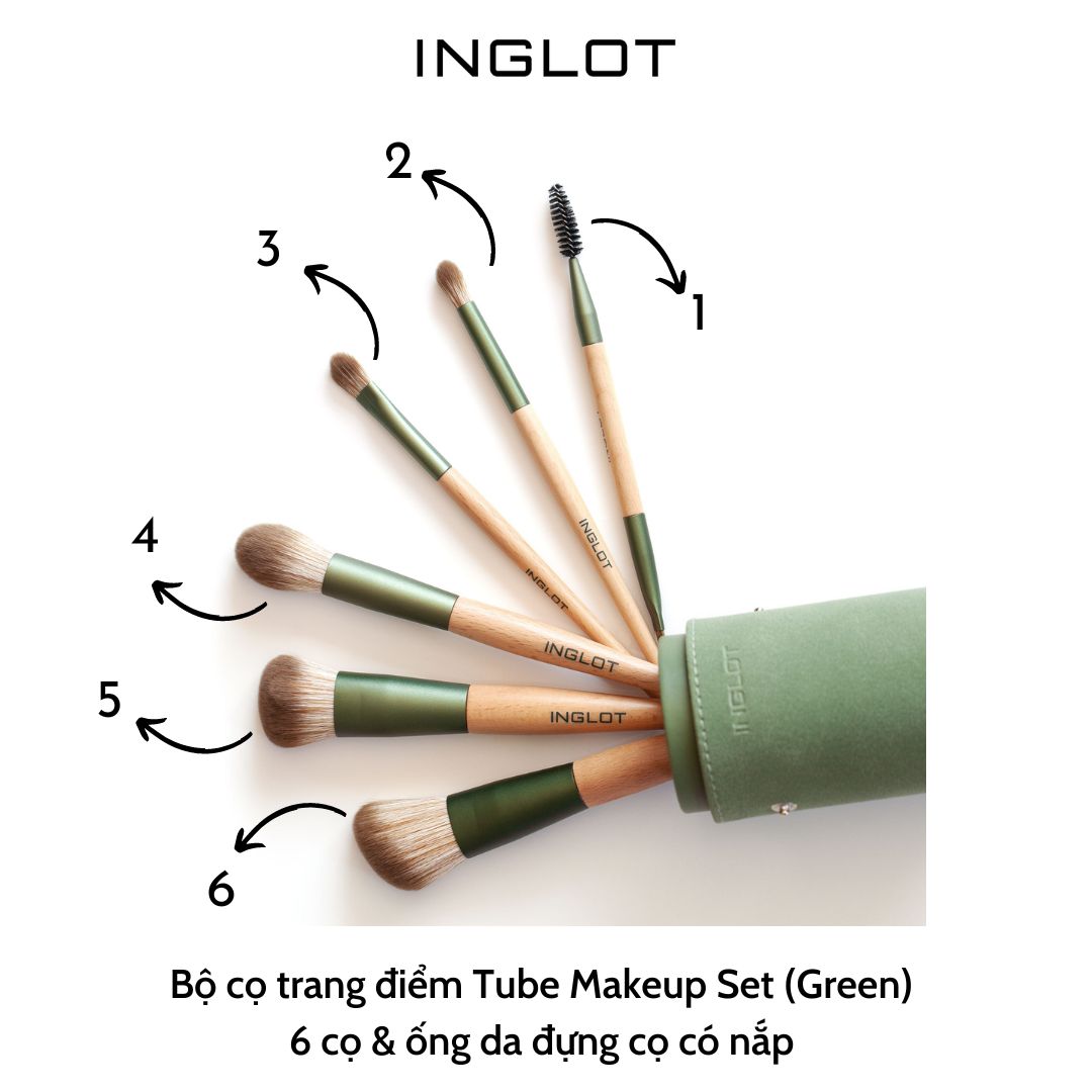 Bộ 6 Cọ trang điểm chuyên nghiệp kèm hộp đựng có nắp - xanh Green Tube Makeup INGLOT