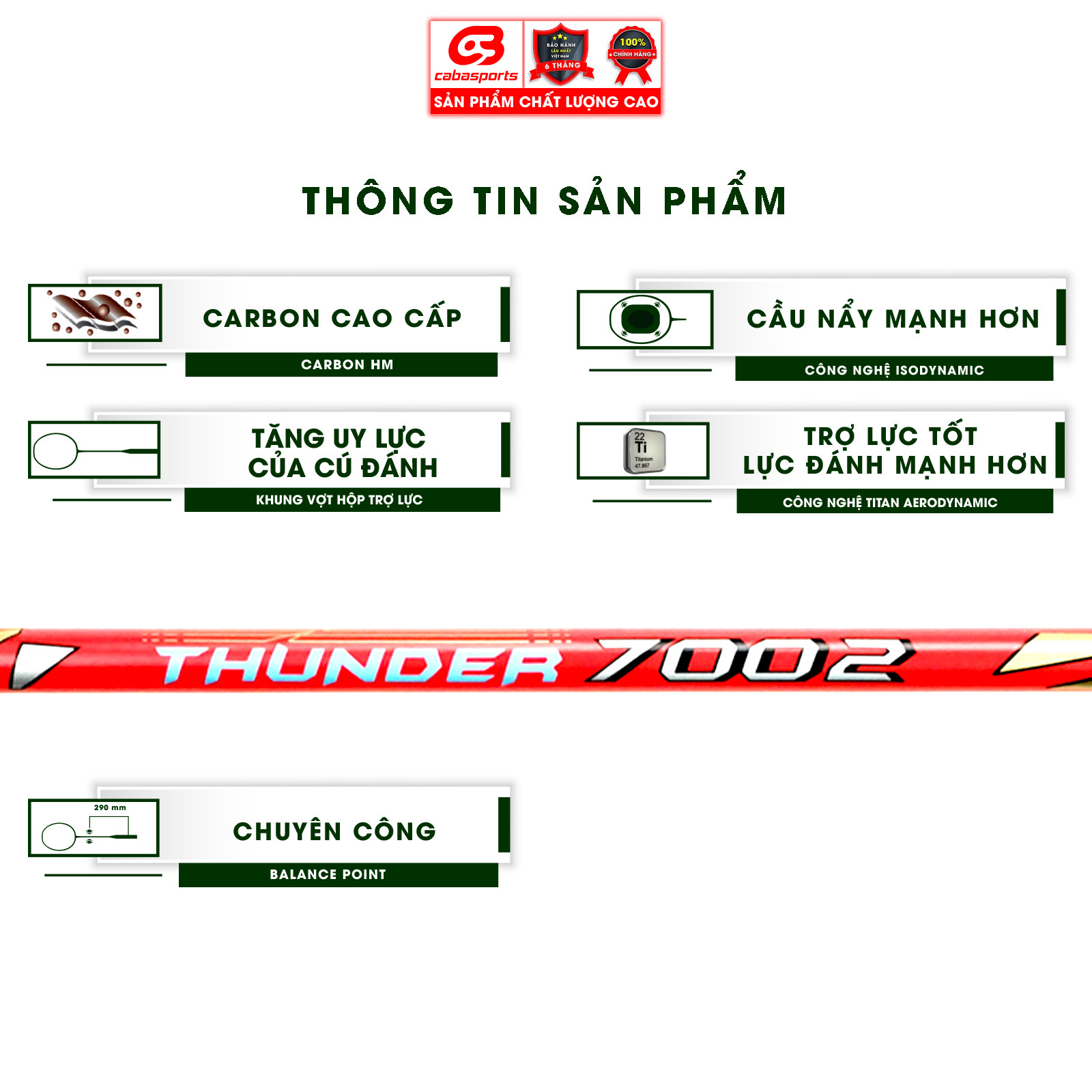 Vợt cầu lông Prokennex THUNDER 7002 chính hãng giá rẻ chuyên công (1 CÂY) - Tặng kèm quấn cán và túi vải Cabasports