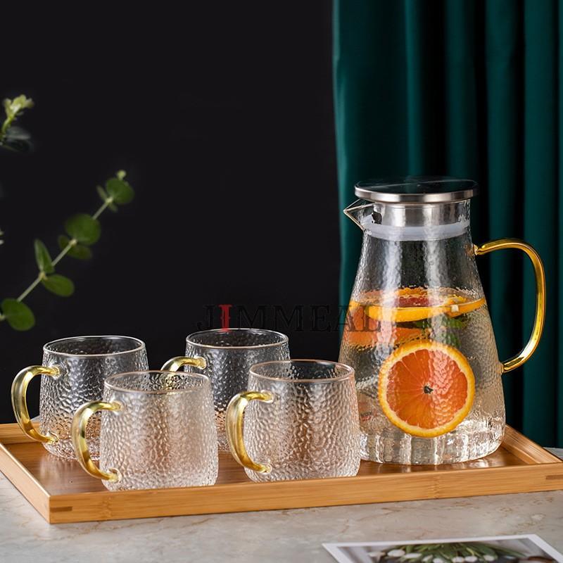 Bộ Bình Thủy Tinh Đựng Nước Chịu Nhiệt Nắp Inox 304 Vân Sần Phong Cách Nhật 1500ml