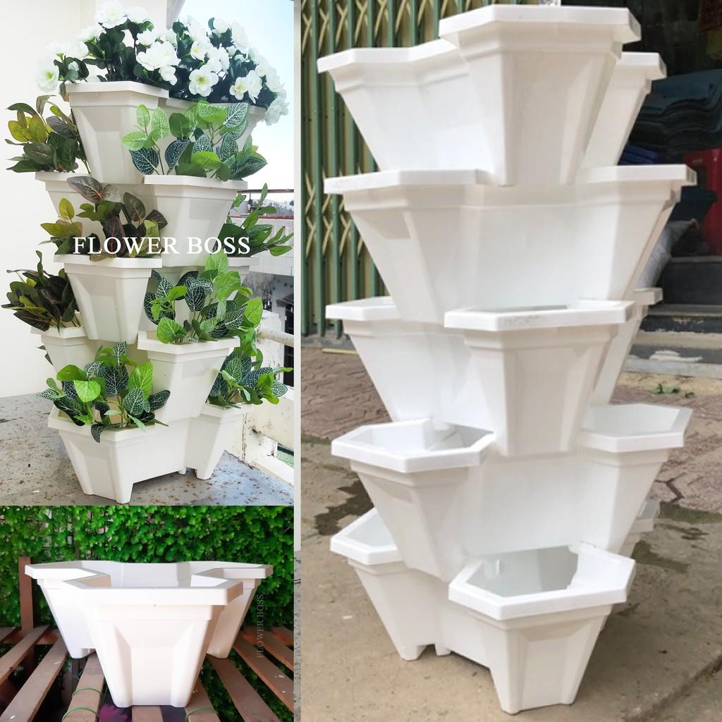 Bộ combo chậu nhựa xếp tầng tháp trồng rau, cây cảnh, hoa quả các loại, hình tam giác màu trắng