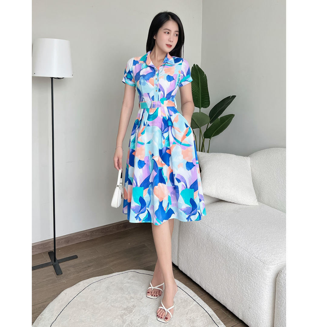 Ladyfashion - Đầm cổ sơ mi họa tiết lập thể sang trọng D085 Khánh Linh Style
