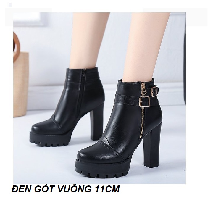 Giày boot gót vuông, bốt nữ cao gót 11 phân vòng dây khóa vàng sang trọng cá tính êm chân S017