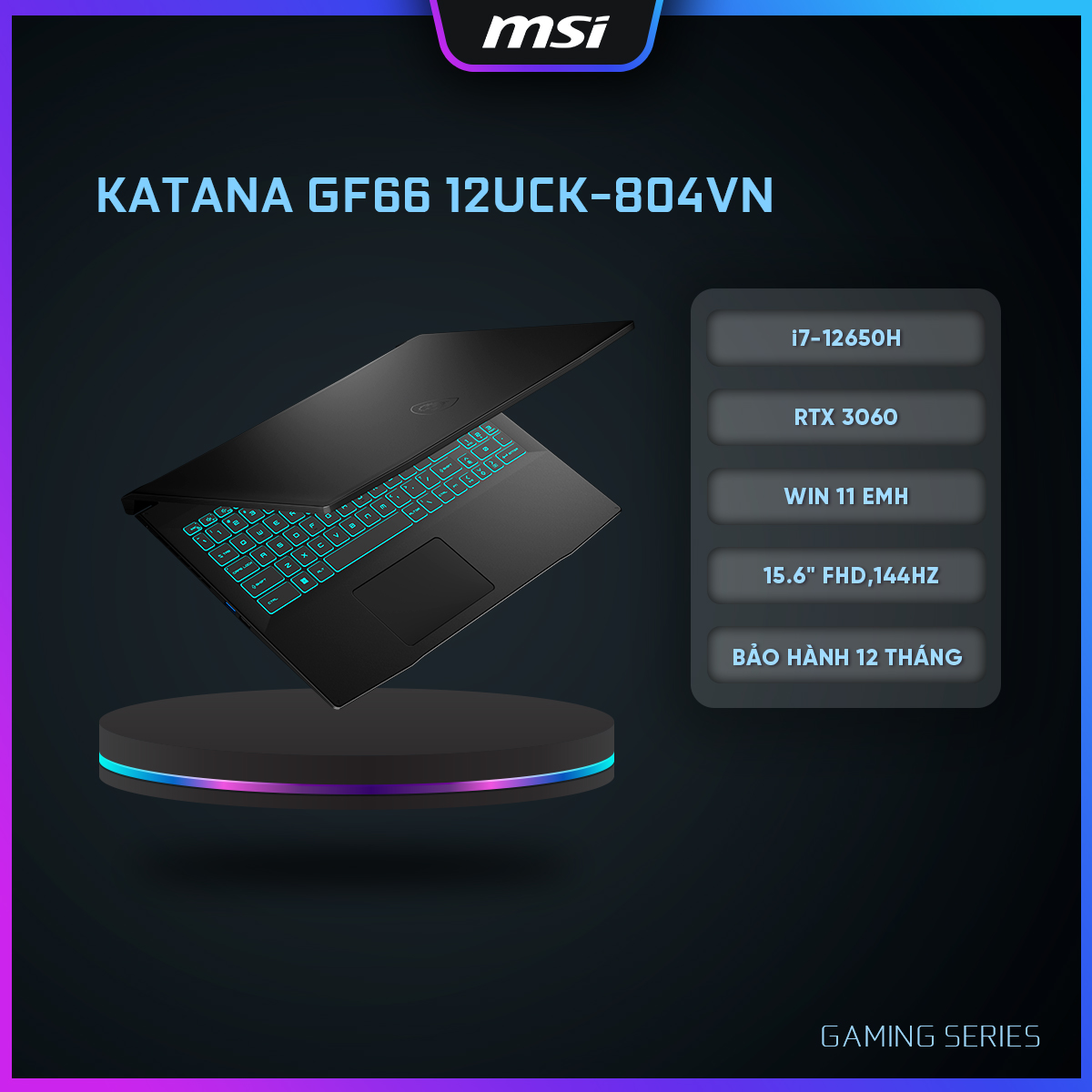 MSI Laptop Gaming Katana GF66 12UCK-804VN|i7-12650H|RTX 3050|DDR4 8GB| 512GB SSD|15.6&quot; FHD,144Hz [Hàng chính hãng]