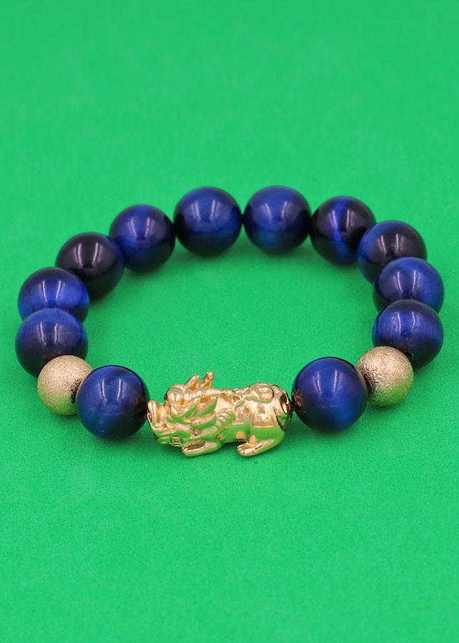 Vòng đeo tay Đá Mắt Hổ Xanh Đen 12 ly - cẩn Tỳ Hưu Phong Thủy inox vàng VMHXETHHBV12 - hợp mệnh Mộc, mệnh Thủy