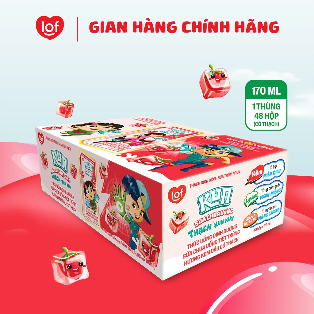 Thùng 48 hộp Sữa chua uống KUN hương dâu có thạch 170ml