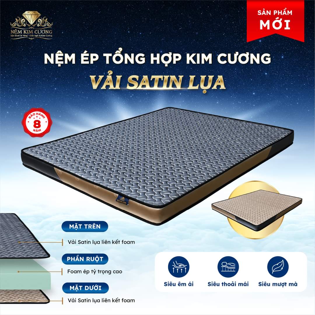 Nệm Ép Tổng Hợp Kim  Cương  Vải Satin Lụa