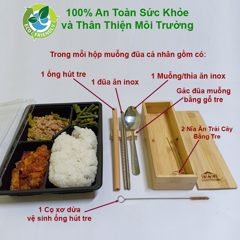 Hộp Thìa (Muỗng) Đũa Ống Hút Cá Nhân Ăn Cơm Trưa Văn Phòng inox 304 và Hộp Gỗ Tre Cao Cấp 7 Món, Tiện Lợi, Vệ Sinh, An Toàn Sức Khỏe - Thân Thiện Môi Trường