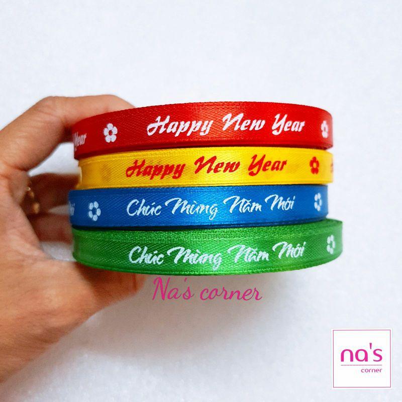 Dây ruy băng lụa cuộn 20m Happy new year / Chúc mừng năm mới / Merry Christmas giáng sinh
