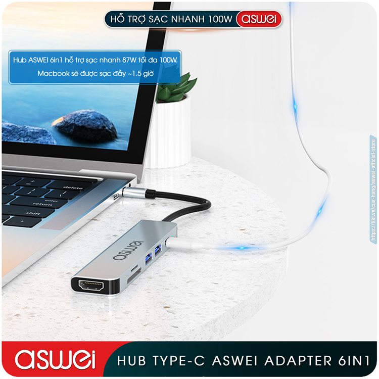 Hub Type C ASWEI 6 in 1 To HDMI, USB 3.0, SD, TF, PD 100W - Hàng Chính Hãng