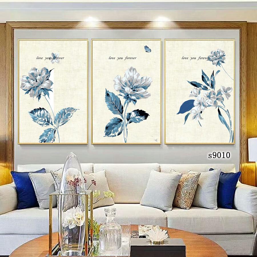 Tranh tráng gương bộ 3 trang trí phòng khách - Tranh hoa giả sơn dầu trang nhã