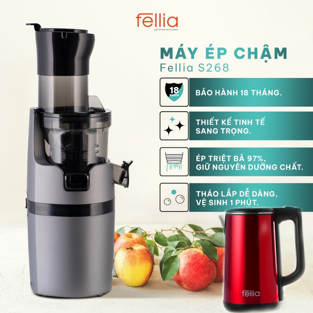 COMBO Máy ép chậm Fellia S268+Ấm Siêu Tốc Fellia (Màu Grey) Hàng Chính Hãng