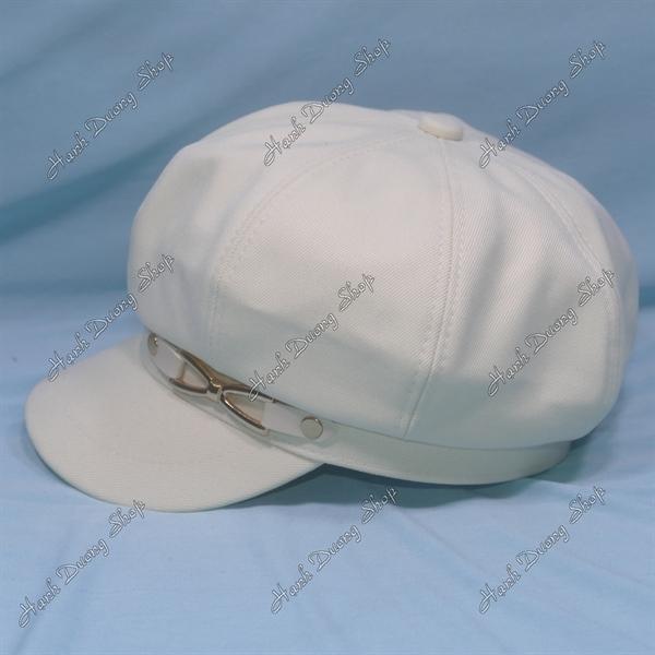 Nón mỏ vịt nữ gắn mặt sắt nơ phía trước, nón beret nữ hàng quảng châu phong cách cổ điển, nón nồi nữ, nón bí ngô, nón beret họa sĩ hàng quảng châu vòng đầu 57-58cm có 2 dây rút giảm size đầu - Kem trắng