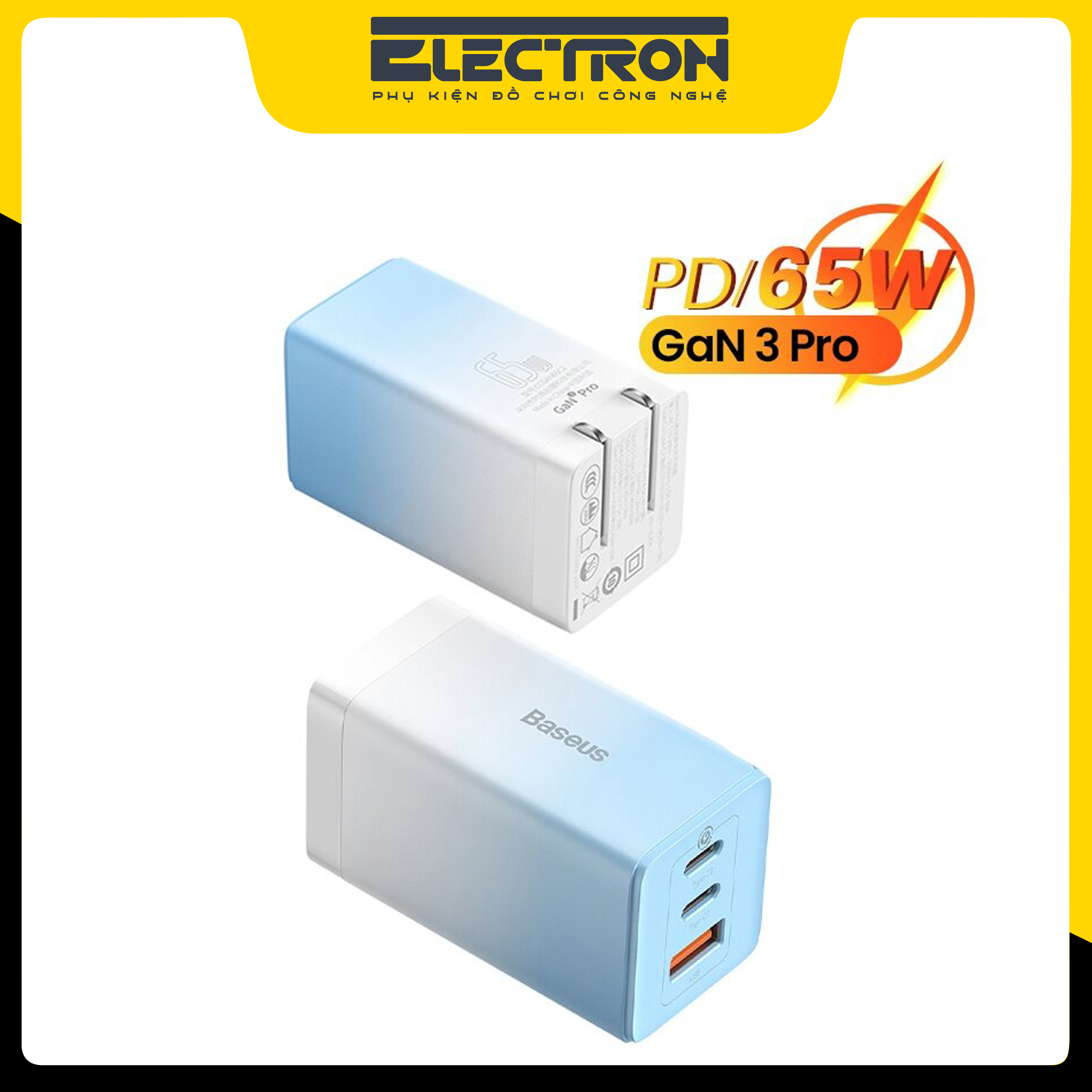 Bộ sạc nhanh Baseus GaN3 Pro Quick Charger 65W (Type Cx2 + USB , PD3.0/ PPS/ QC4.0/ SCP/ FCP Multi Quick Charge Protocol, GaN2 Technology) (hàng chính hãng)