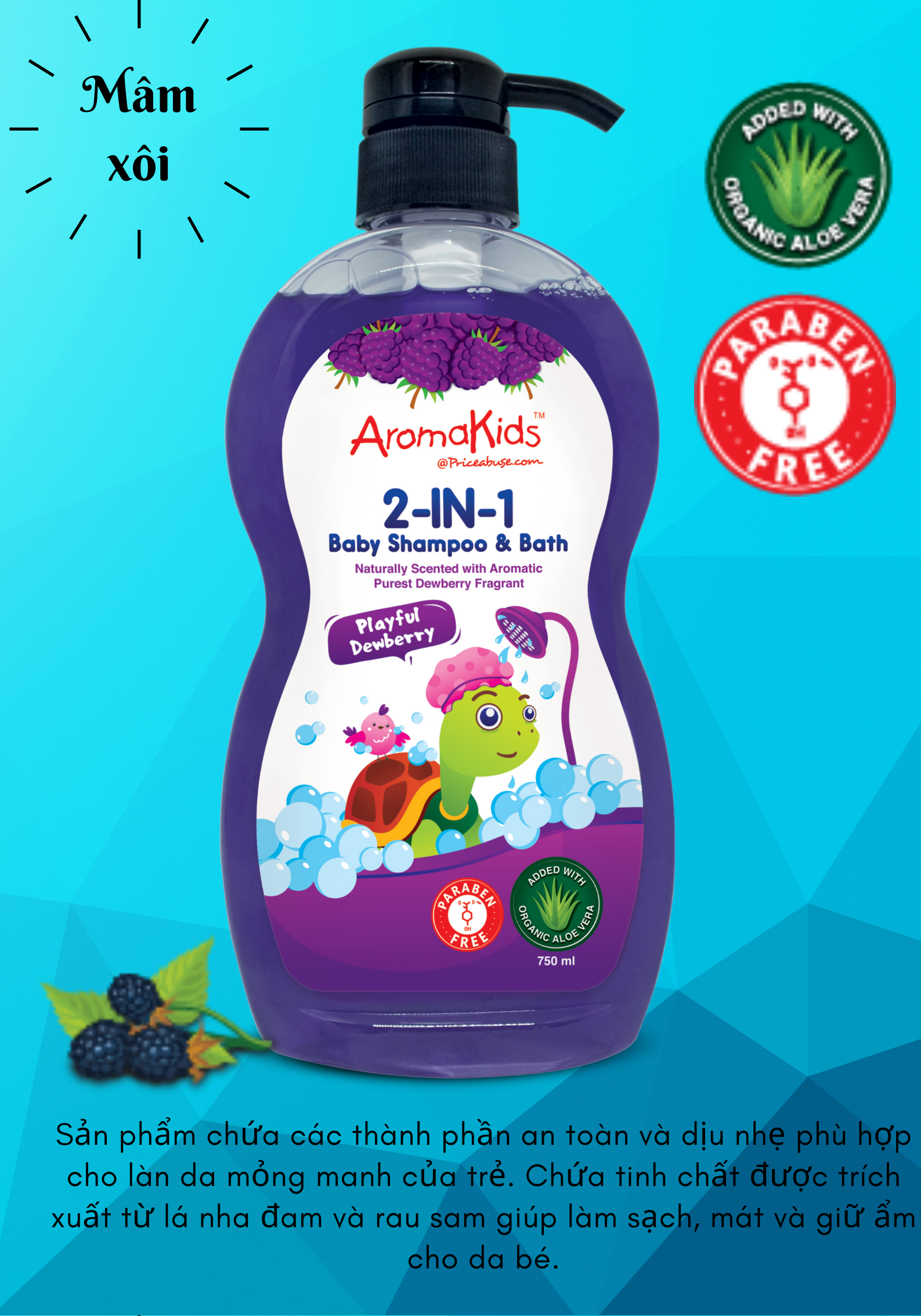 Sữa tắm gội cho bé;Sữa tắm bé; Sữa tắm gội 2in1 AromaKids-Hương trái mâm xôi, 750ml/chai