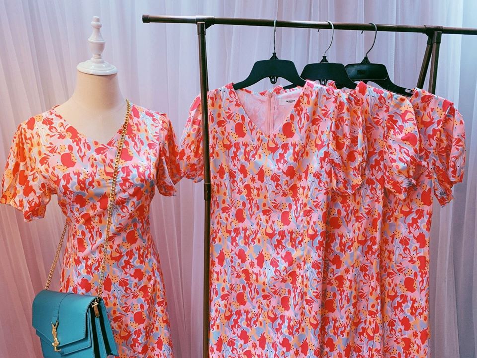 Đầm suông hoa nhí tay phồng vintage - VN221901