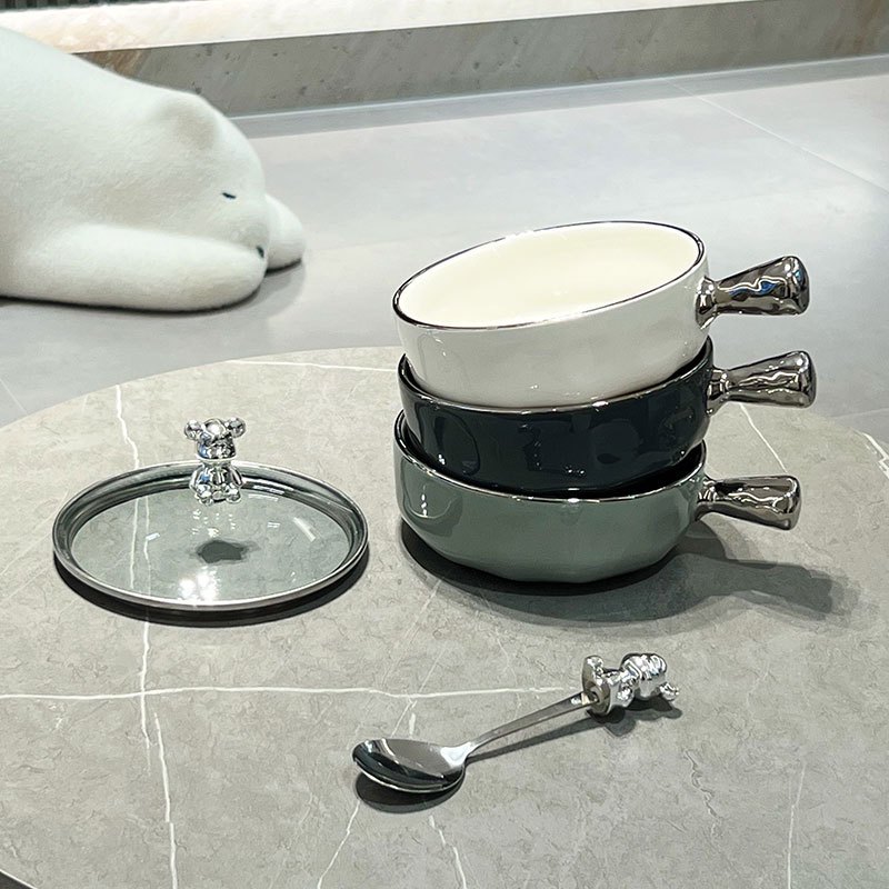 Bát Sứ Có Tay Cầm Có Nắp Đậy Hình Gấu Decor Thố Tròn Phong Cách Bắc Âu, Tô Bát Gấu Sứ Có Tay Cầm Decor Kèm Muỗng Nĩa