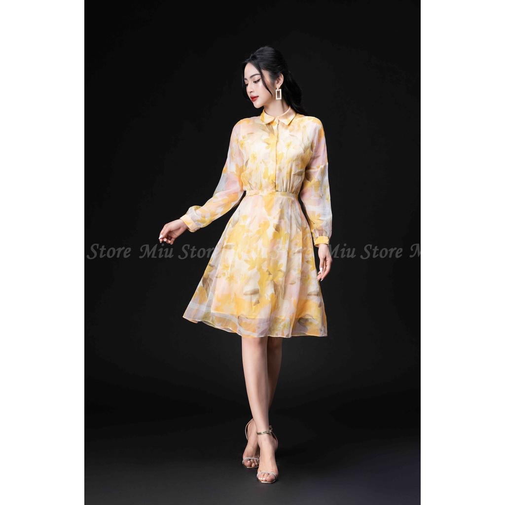 D00463 - Đầm thiết kế cao cấp voan tơ cổ đức hoa vàng Miu Store