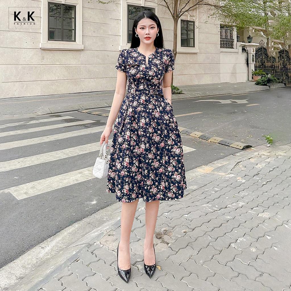 Đầm Xòe Họa Tiết Hoa Cổ Xẻ V K&amp;K Fashion KK130-37 Chất Liệu Kaki Thun