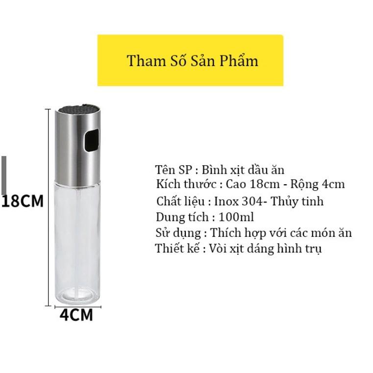 Bình xịt dầu ăn, phun xương 100ml cao cấp nắp inox thân thuỷ tinh