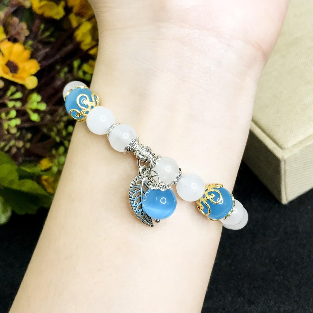 Vòng Tay Cho Mệnh Kim - Vòng Tay Nữ Mã Não Trắng 8mm Mix Đá Mắt Mèo 10mm Charm Lá V357-8