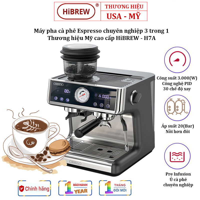 Máy pha cà phê Espresso HiBREW H7A chuyên nghiệp 3 in 1 Thương hiệu Mỹ cao cấp Công Suất 3000W, Dung tích 2,8 lít, Áp suất 20 bars - Bảo hành 12 Tháng, Hàng chính hãng