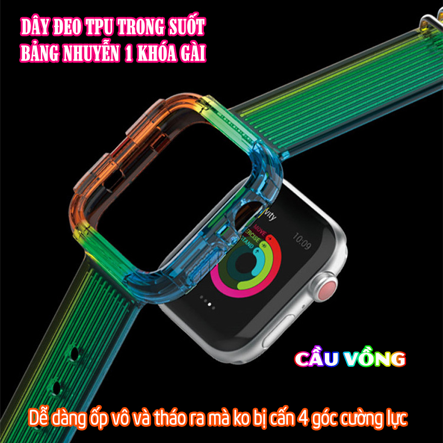 Dây Đeo liền ốp dành cho Apple Watch 7/6/5/4/3/2/1 size 38/40/41/42/44/45mm TPU trong suốt bản nhuyễn 1 khóa gài - Cầu Vồng
