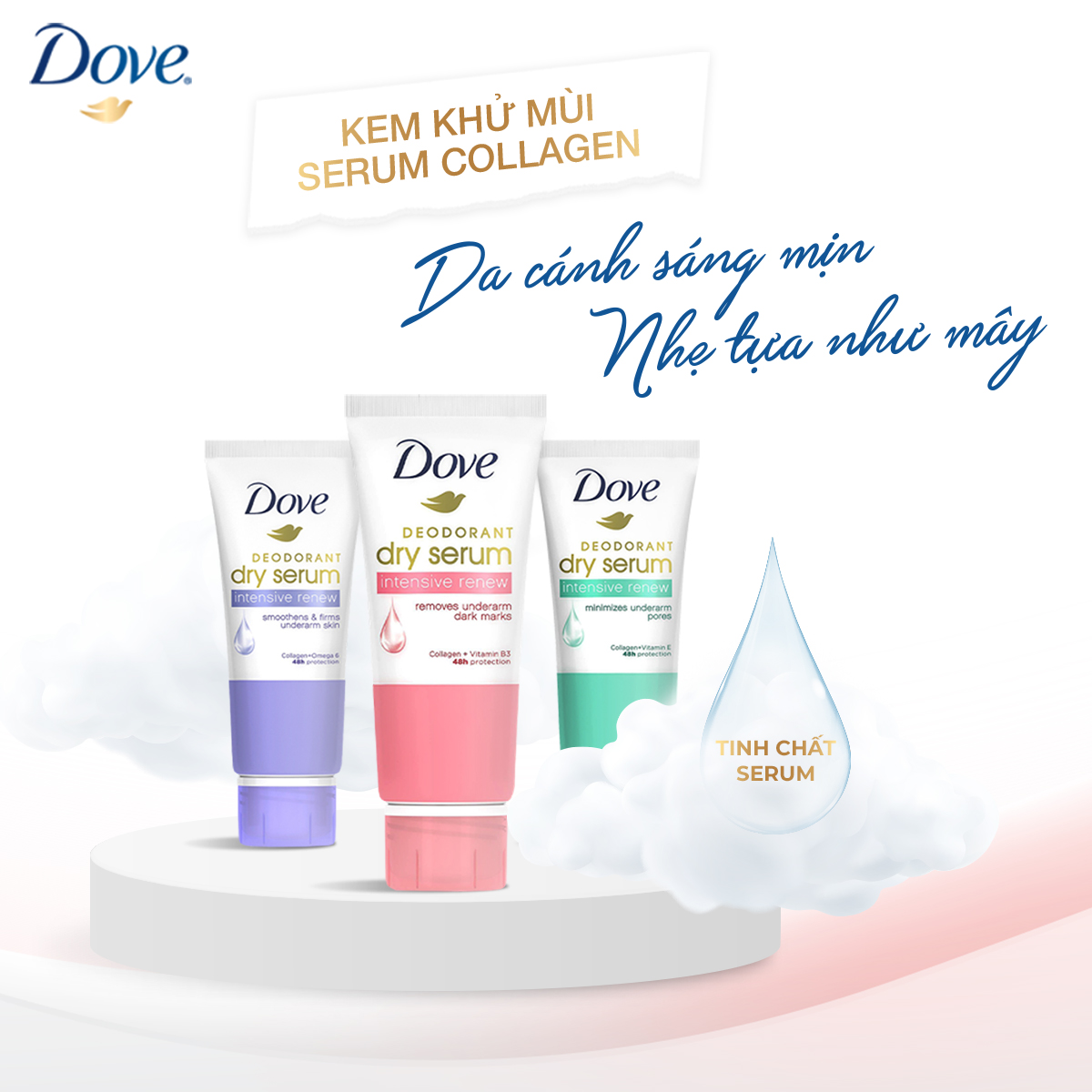 Combo 2 Kem khử mùi Dove tinh chất serum dành cho nữ với Collagen &amp; Vitamin E dưỡng da sáng mịn &amp; thu nhỏ lỗ chân lông, 50ml