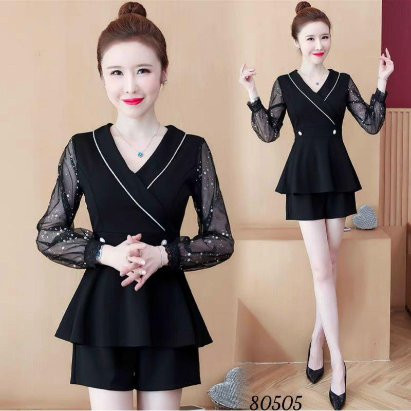Sét bộ đồ nữ cổ vest tay dài phối lưới hoa xinh xắn size từ 40-70kg