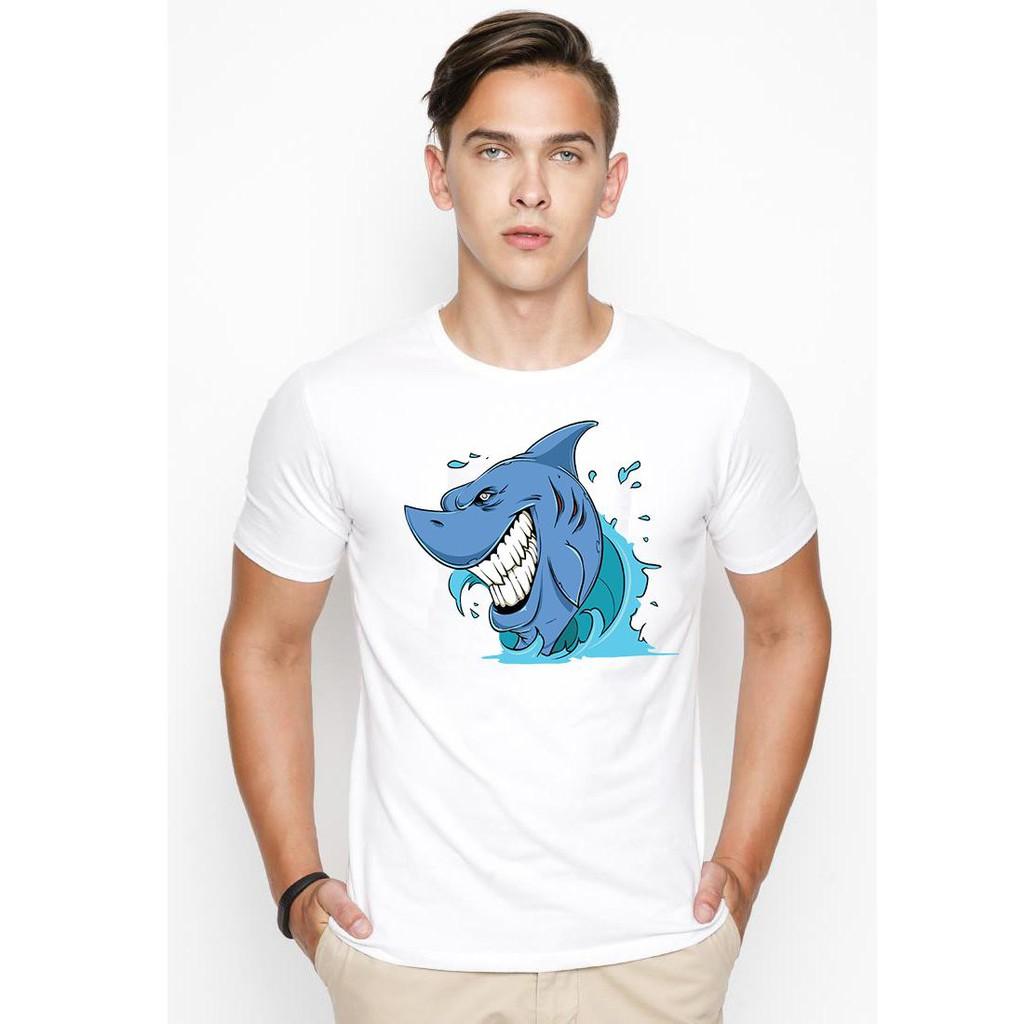 Áo thun nam in hình cá mập cười đểu phong cách hàn quốc vải dày mịn