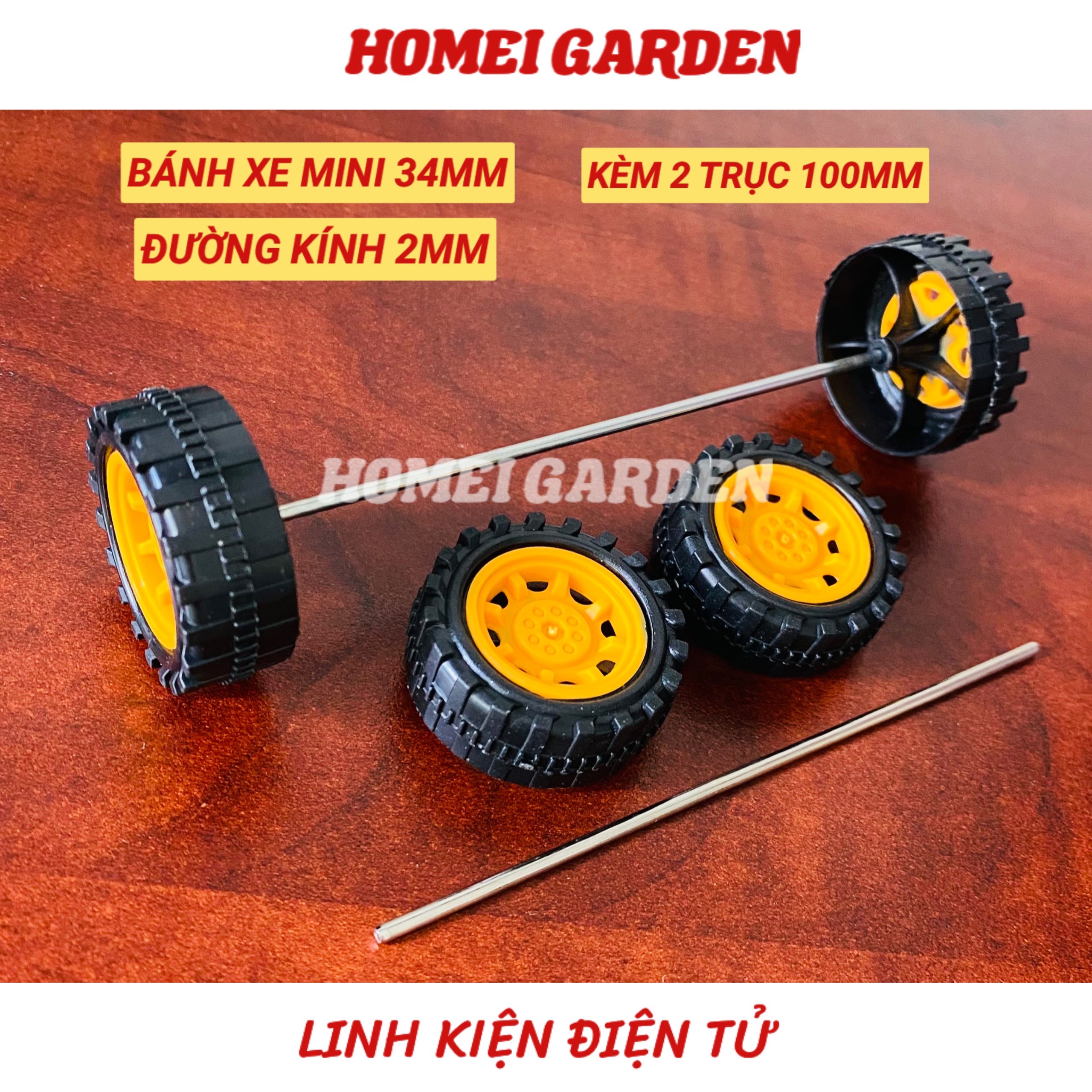 4 bánh xe nhựa mini đường kính 34mm kèm 2 trục dài 100mm DIY mô hình - HM0124